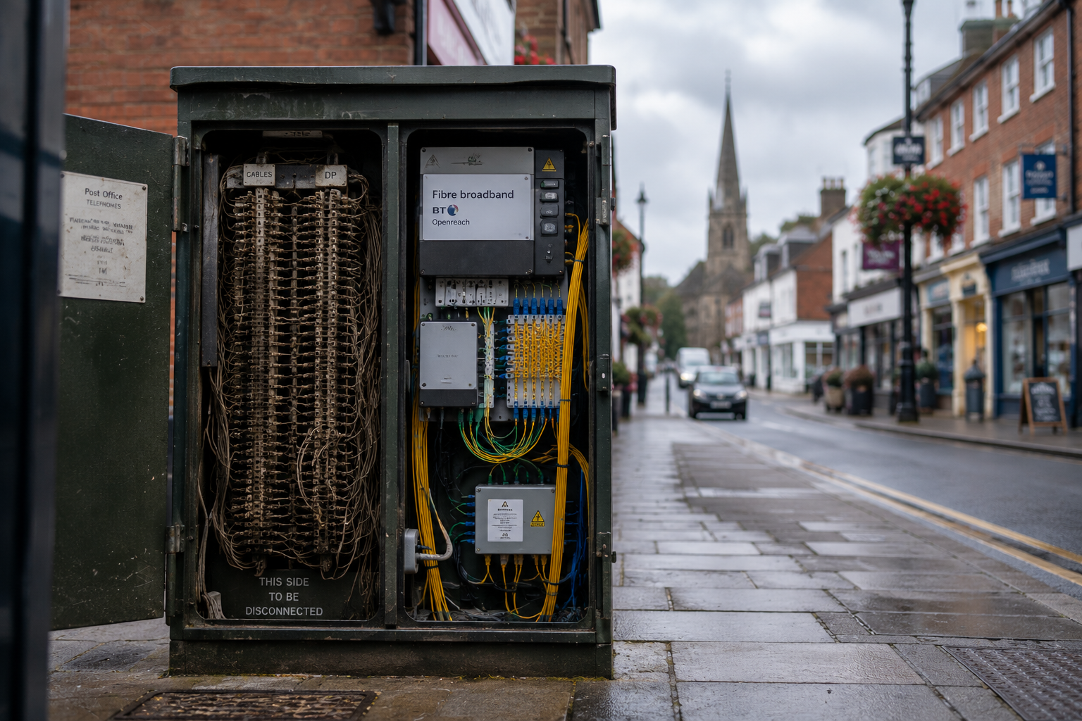 BT street cabinet with copper and fibre cables, marked to be disconnected