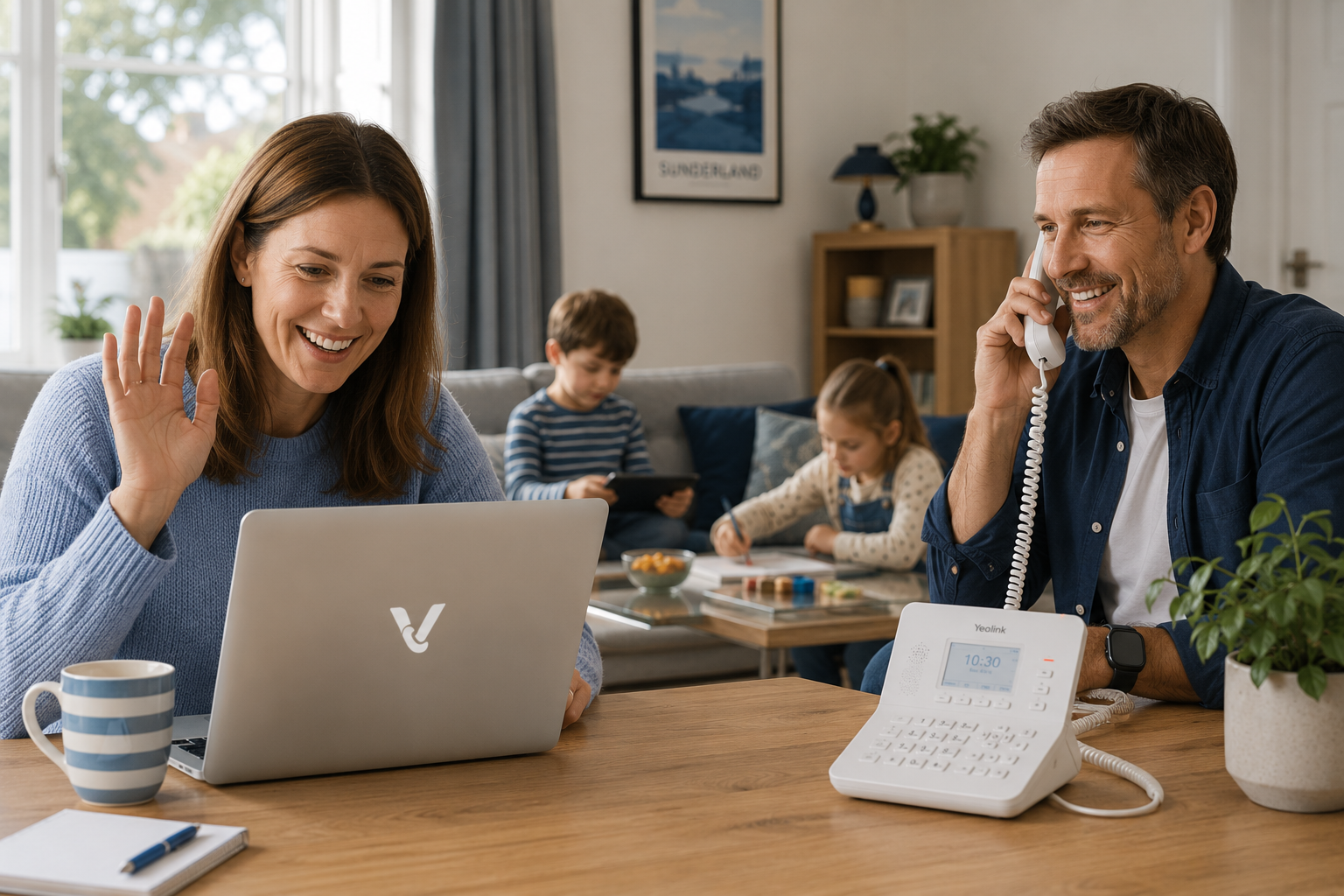 Family using Virtual Voice — mum on laptop, dad on phone
