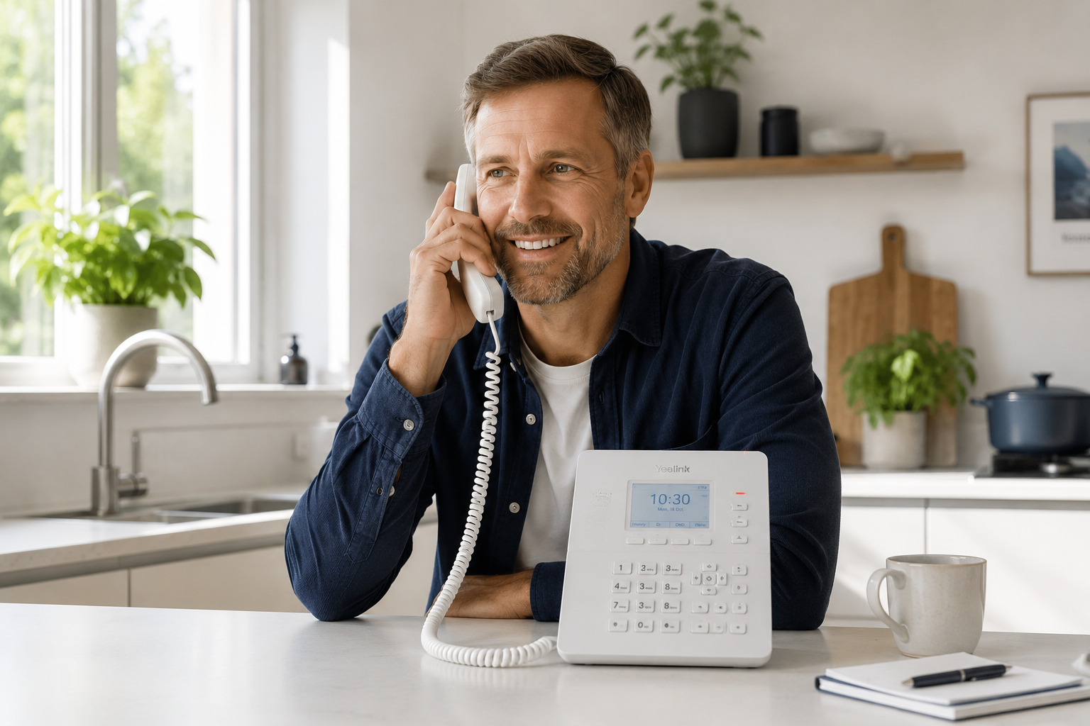 Man on Virtual Voice call in kitchen