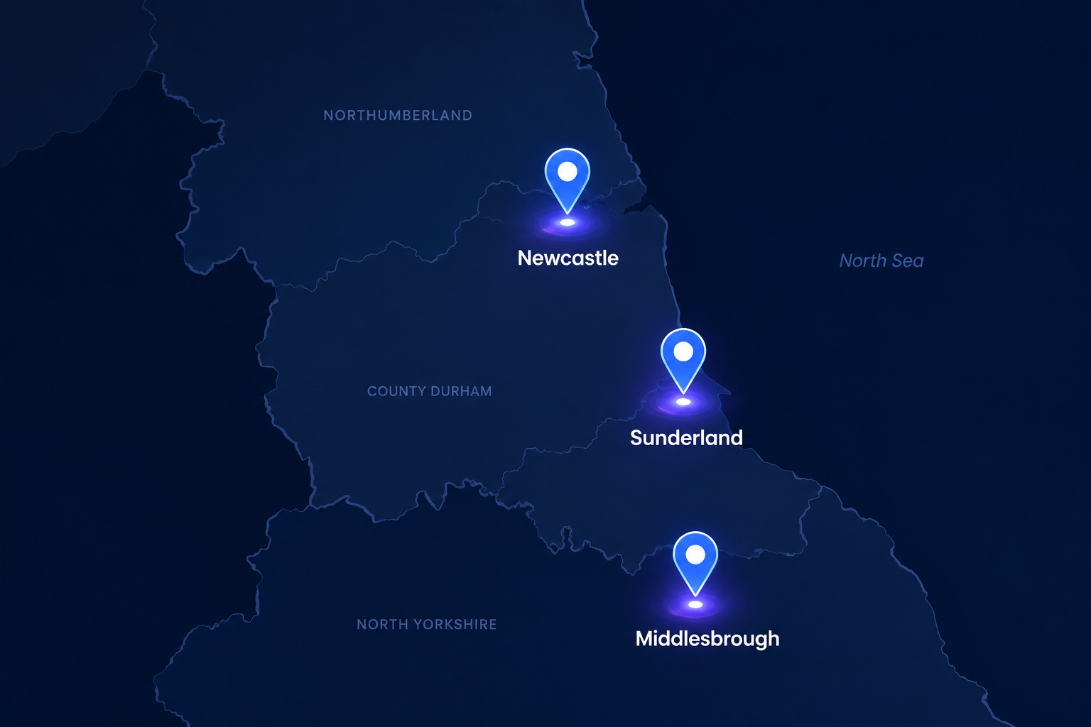 Map of the North East — Newcastle, Sunderland, Middlesbrough
